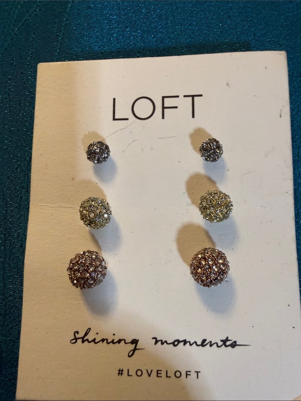 LOFT Three-Pair Crystal Ball Stud Earrings in Silver, Gold and Pink